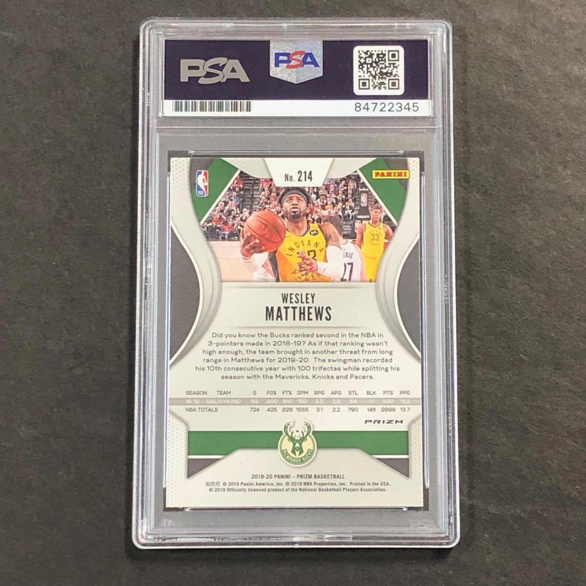 2019-20 Panini Prizm #214 Wesley Matthews Signed Card AUTO PSA Slabbed Bucks