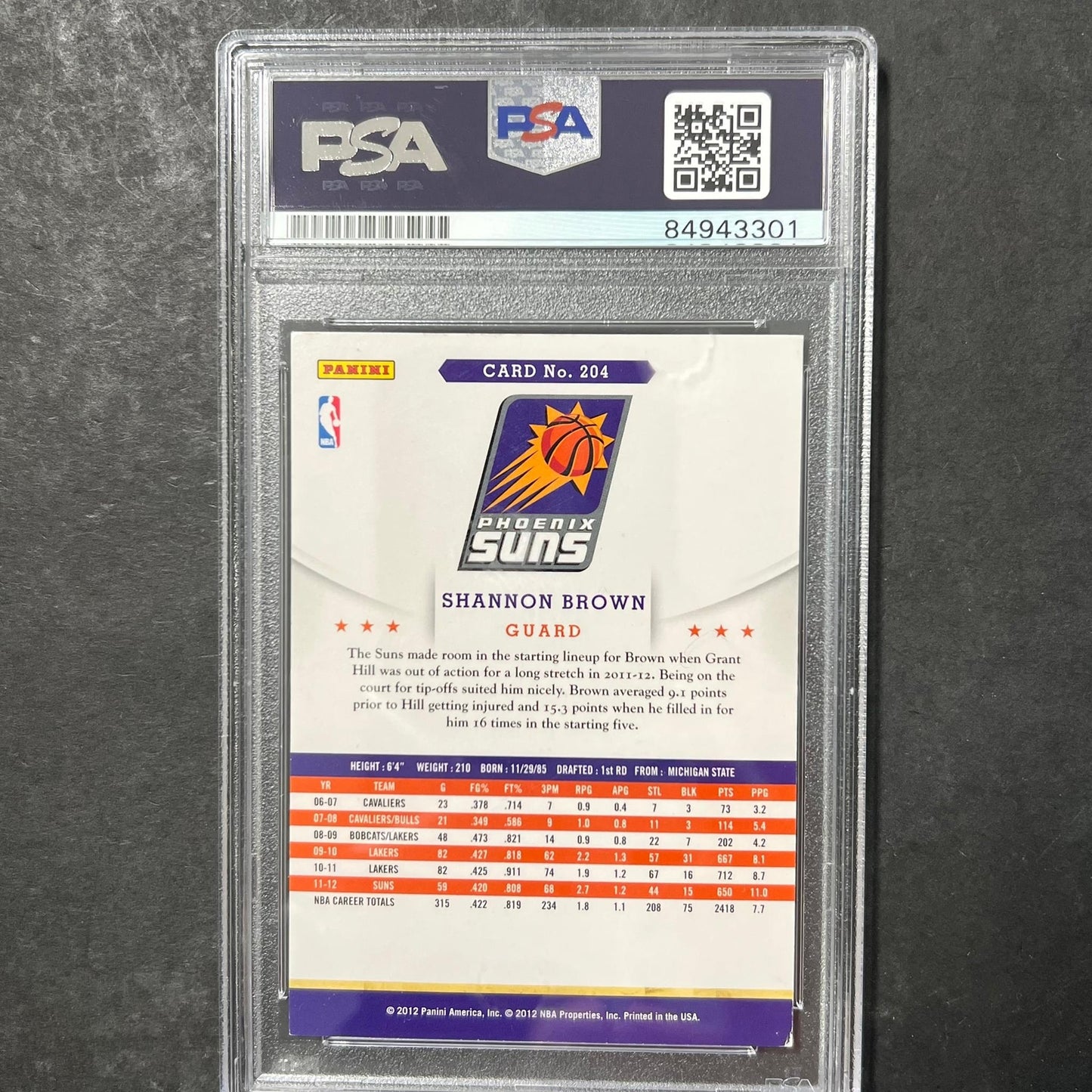2012 Panini #204 Shannon Brown Signed Card AUTO PSA Slabbed Suns