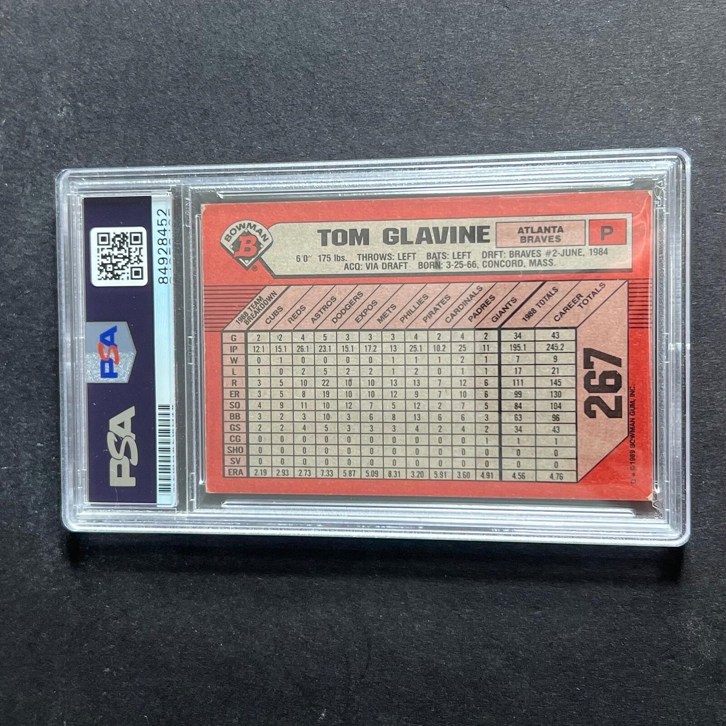 1989 Bowman #267 Tom Glavine Signed Card AUTO PSA Slabbed Braves