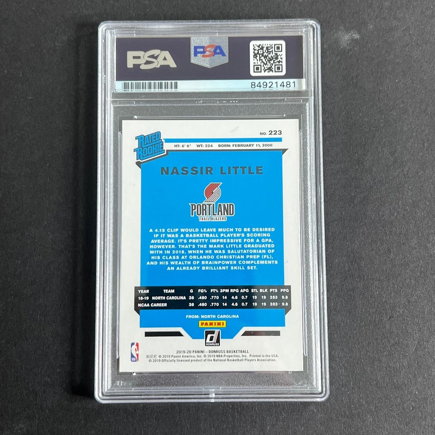 2019-20 Donruss Rated Rookie #223 Nassir Little Signed Rookie Card AUTO 10 PSA S