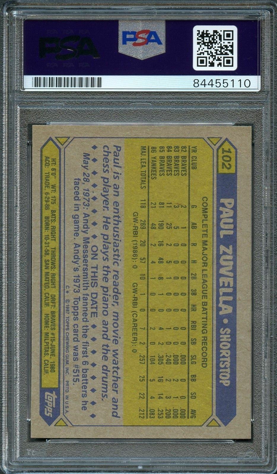 1987 Topps #102 Paul Zuvella Signed Card PSA Slabbed Auto Yankees