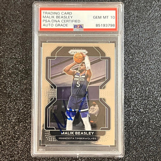 2021-22 Panini Prizm #98 Malik Beasley Signed Card Auto 10 PSA/DNA Slabbed Timbe