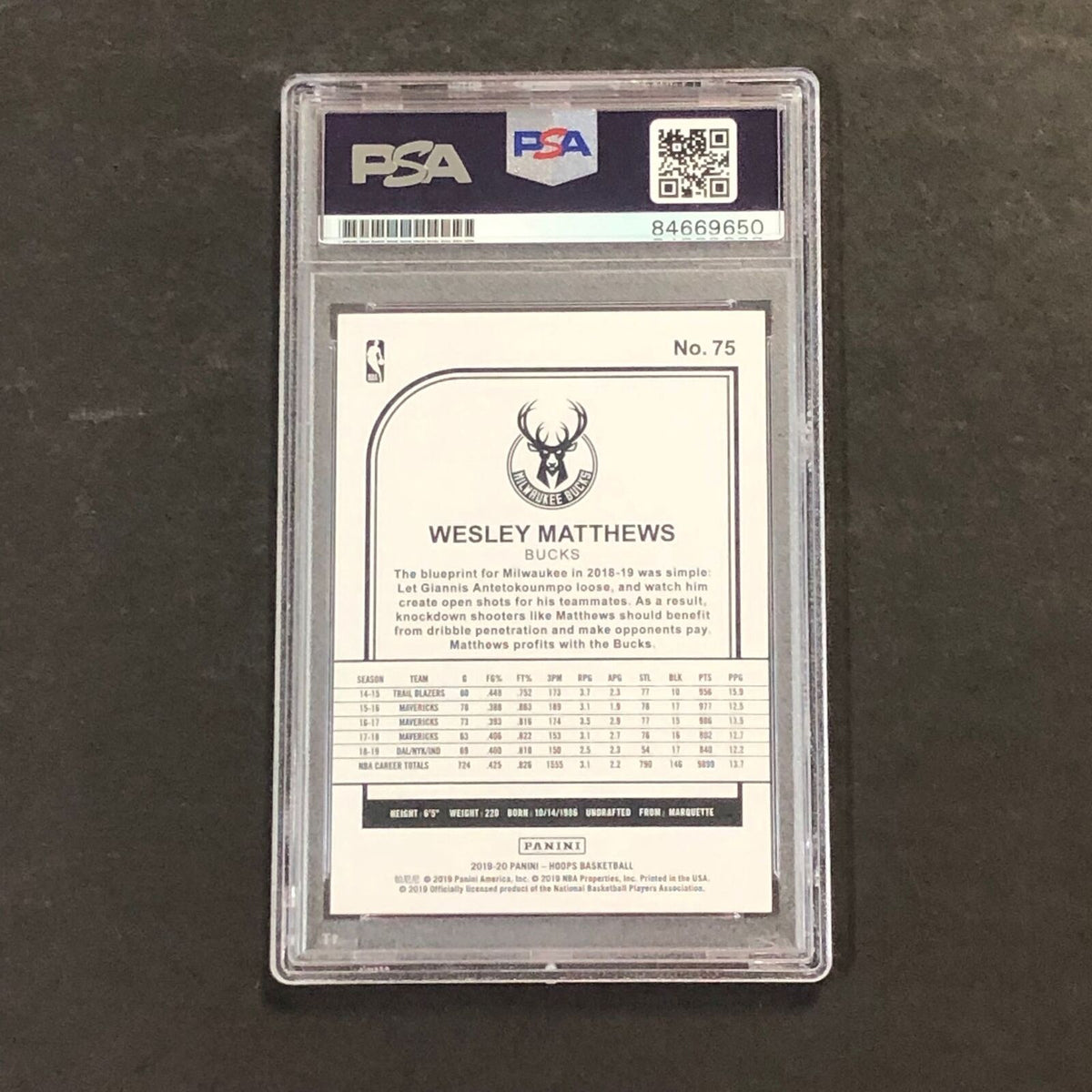 2019-20 NBA Hoops #75 Wesley Mathews Signed Card PSA Slabbed Bucks