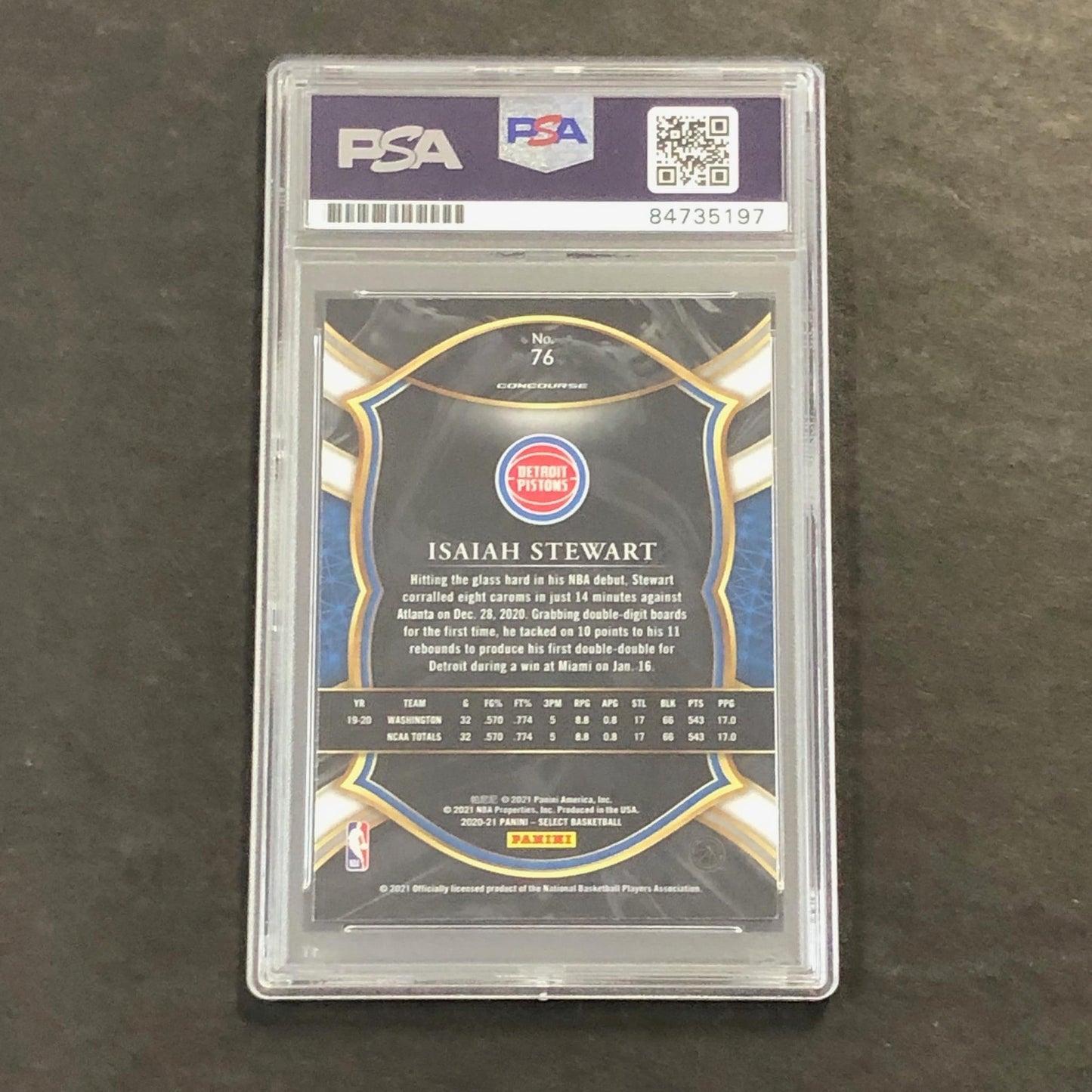 2020-21 Panini Select #76 Isaiah Stewart Signed Card AUTO PSA Slabbed RC Pistons