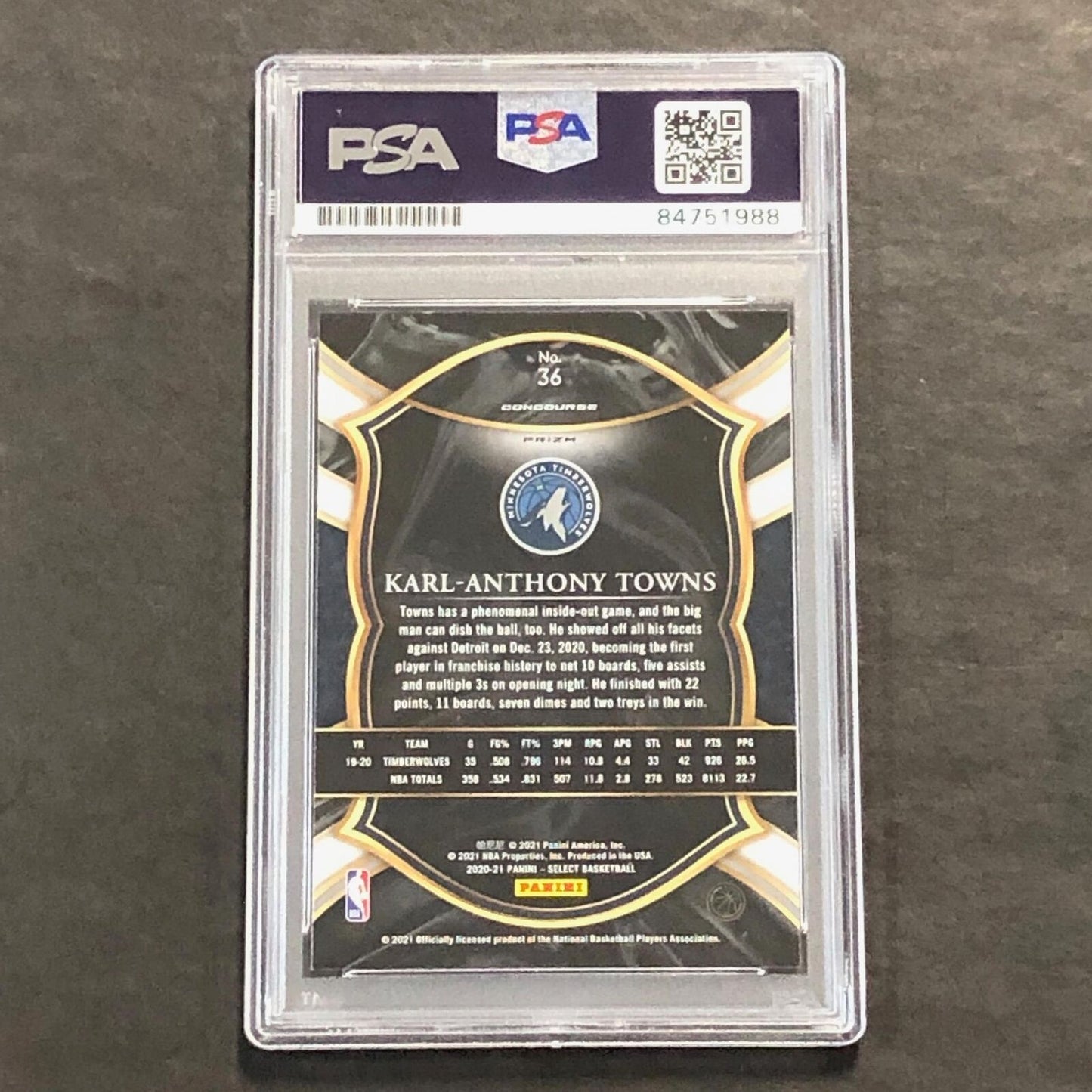 2020-21 Panini Select #36 Karl-Anthony Towns Signed Card AUTO PSA Slabbed Timber