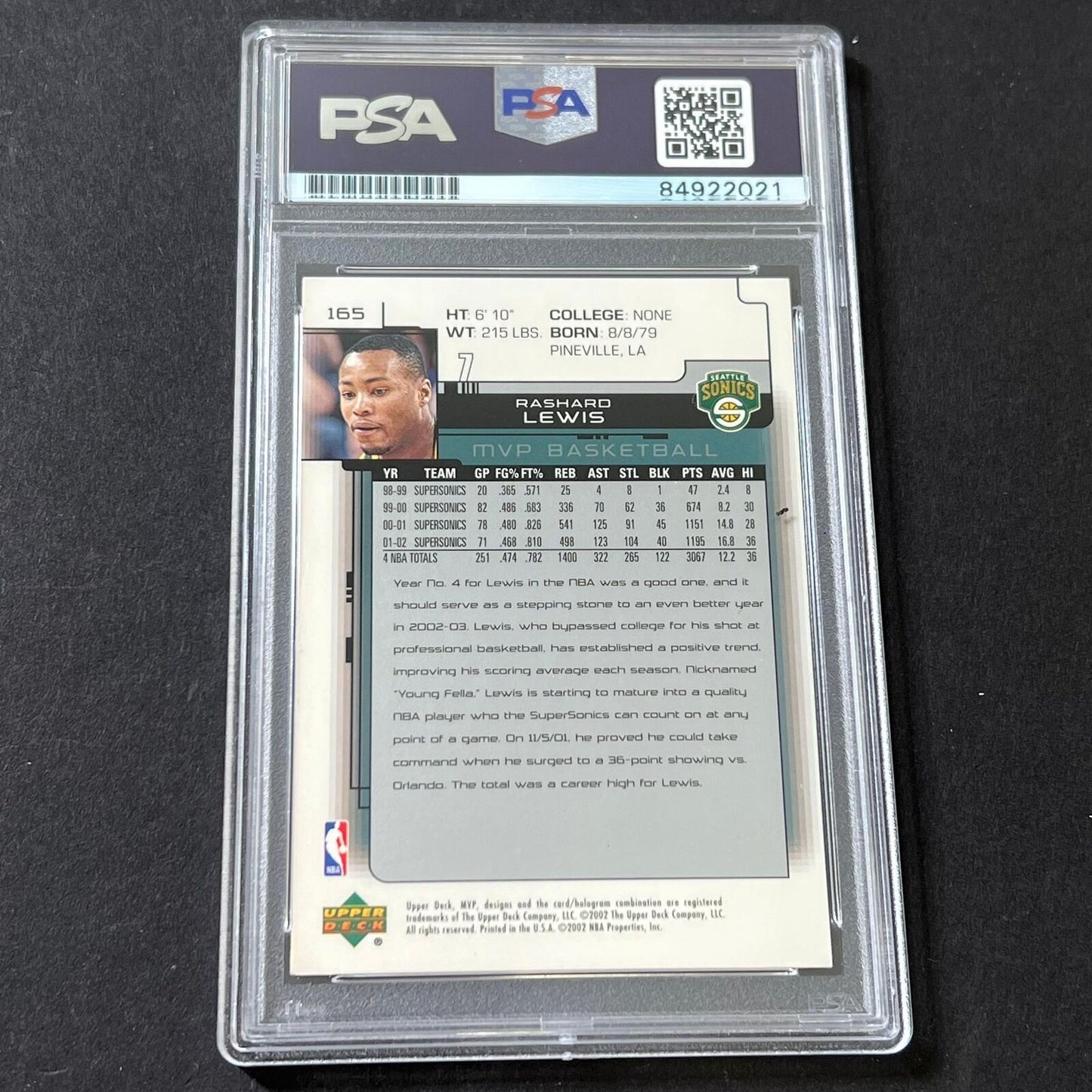 2002-03 Upper Deck MVP #165 Rashard Lewis Signed Card AUTO GRADE 10 PSA/DNA Slab