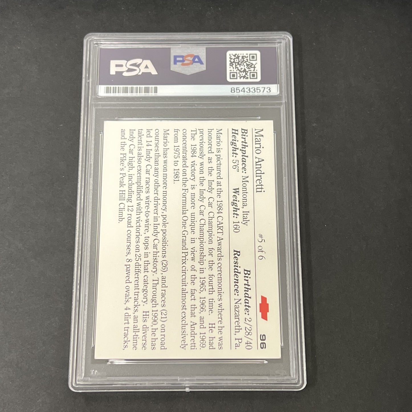 1991 Collect-A-Card #96 Mario Andretti Vette Set signed card PSA Auto 10