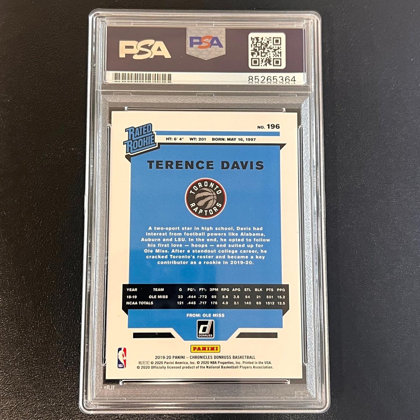 2019-20 DonRuss Rated Rookie #196 Terence Davis Signed Card AUTO PSA Slabbed RC