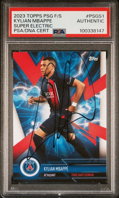 2023-24 Topps PSG F/S Super Electric #PSGS1 Kylian Mbappe Signed Card PSA Real M