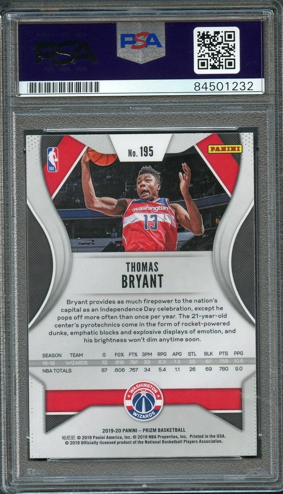 2019-20 PANINI PRIZM #195 THOMAS BRYANT Signed AUTO PSA Slabbed Wizards