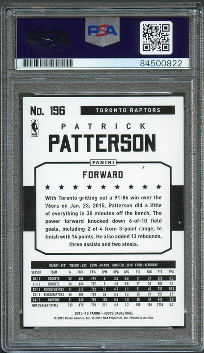 2015-16 NBA Hoops #196 Patrick Patterson Signed Card AUTO 10 PSA Slabbed Raptors