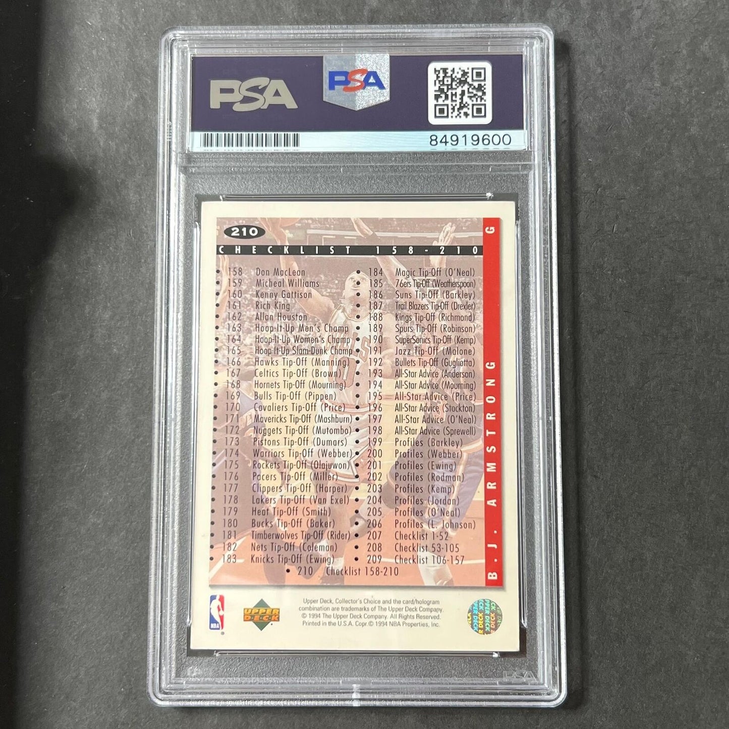 1994-95 Upper Deck #210 B. J. Armstrong Signed Card AUTO PSA Slabbed Bulls