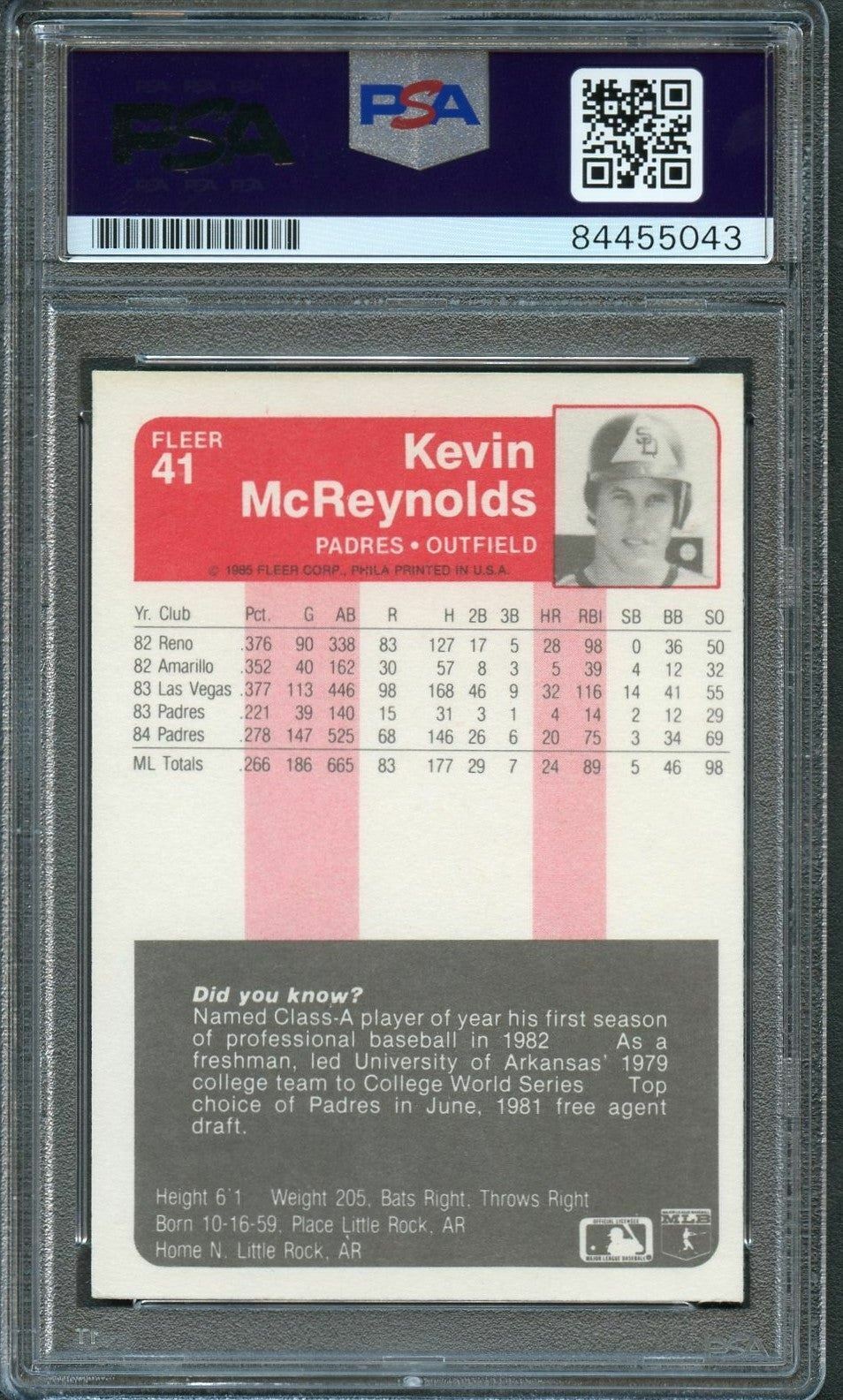 1985 Fleer #41 Kevin McReynolds Signed Card PSA Slabbed Auto Padres