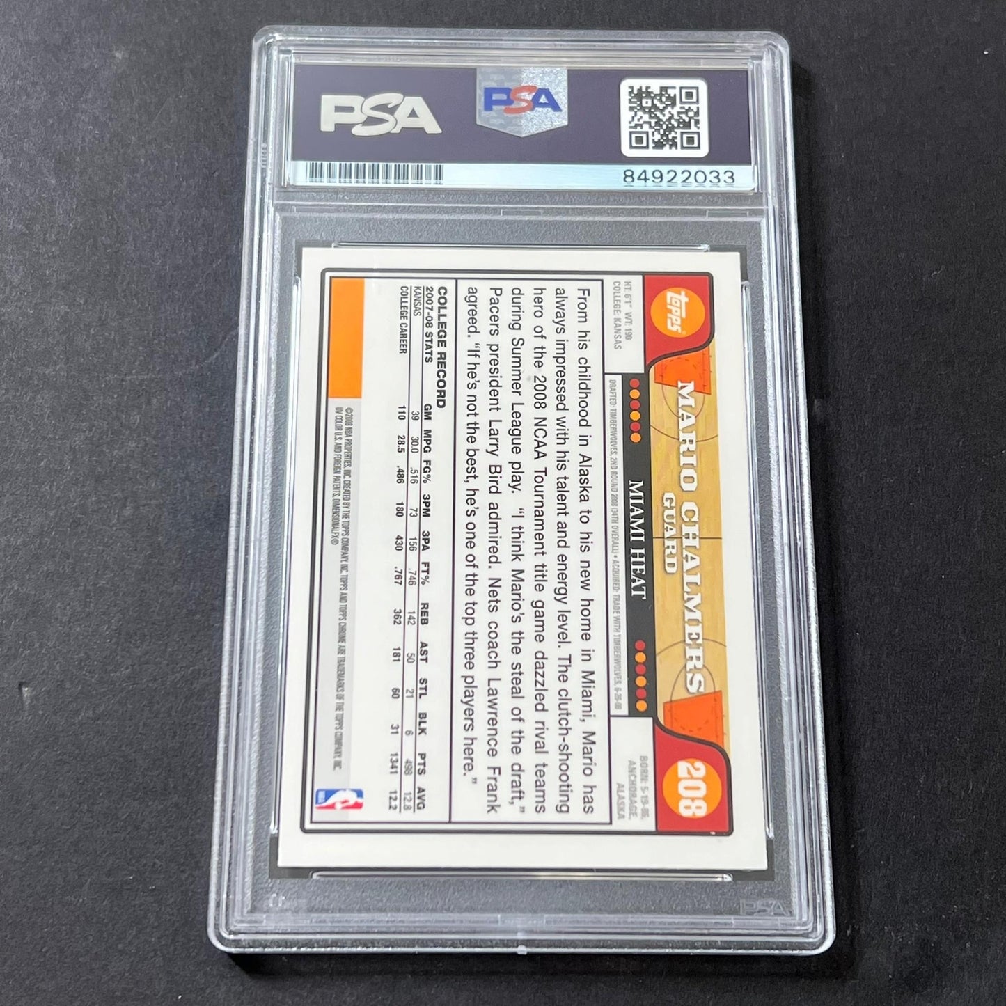 2008-09 Topps Chrome #208 Mario Chalmers Signed Card AUTO 10 PSA Slabbed Heat