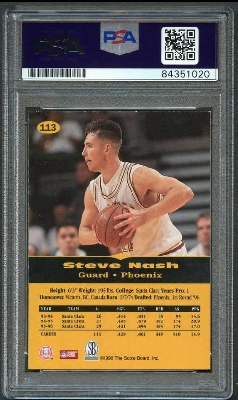 1996 Score Board #113 Steve Nash Signed Card AUTO Grade 10 PSA Slabbed Suns