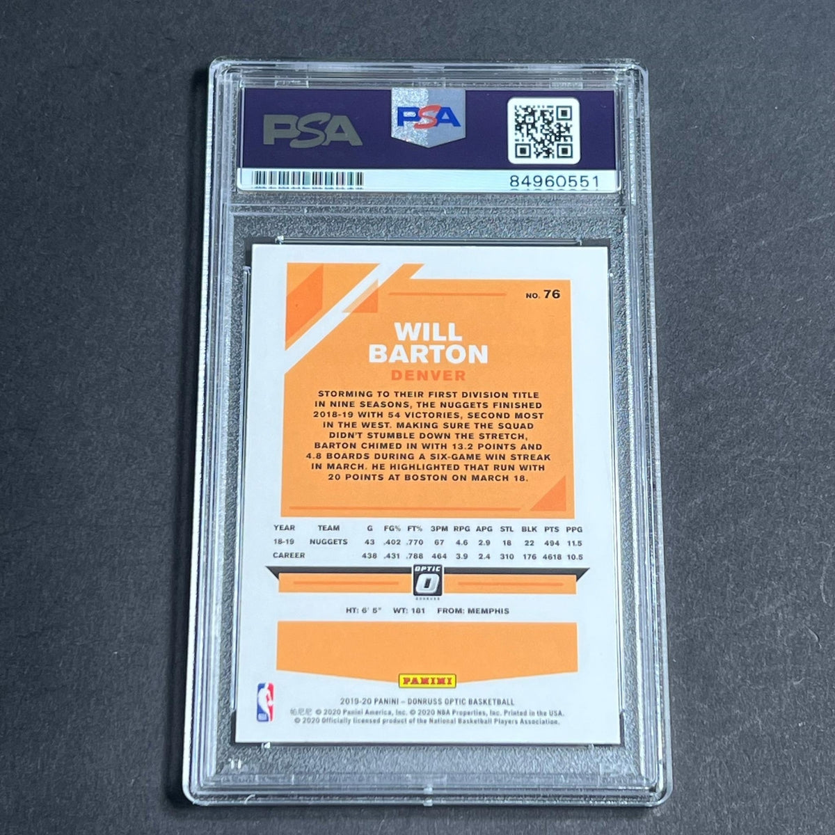 2019-20 Donruss Optic #76 Will Barton Signed Card AUTO PSA Slabbed Nuggets