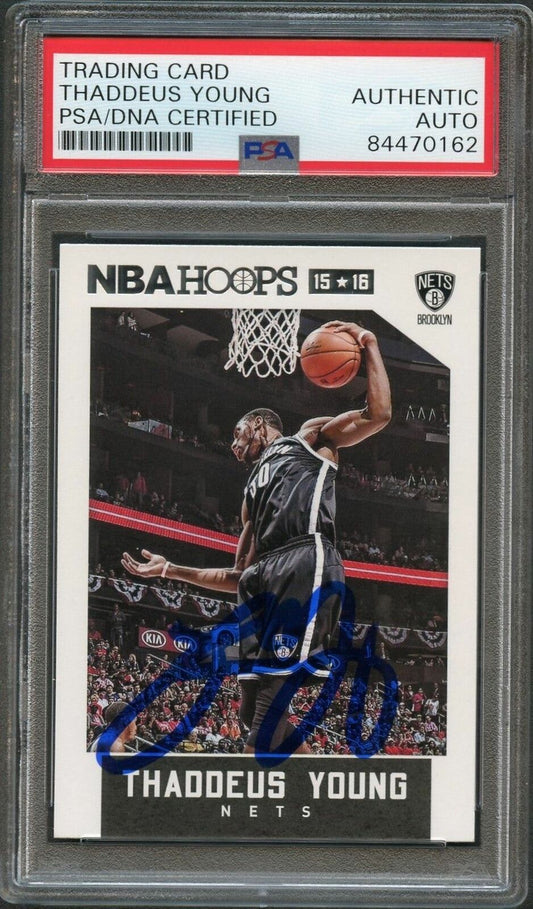 2015-16 NBA Hoops #50 Thaddeus Young Signed Card AUTO 10 PSA Slabbed Nets