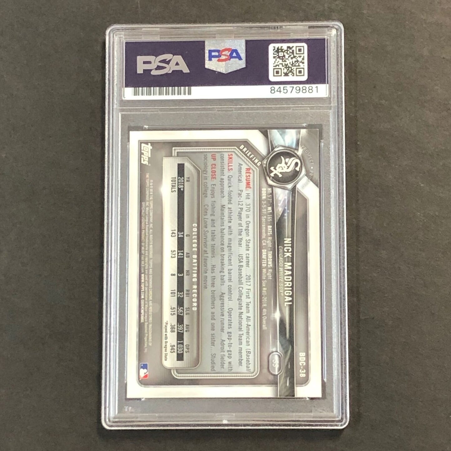 2018 Bowman Draft Chrome #BDC-38 Nick Madrigal Signed Card PSA Slabbed Auto Whit