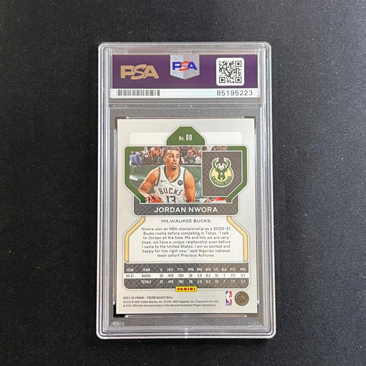 2021-22 Panini Prizm #80 Jordan Nwora Signed Card AUTO PSA/DNA Slabbed Bucks