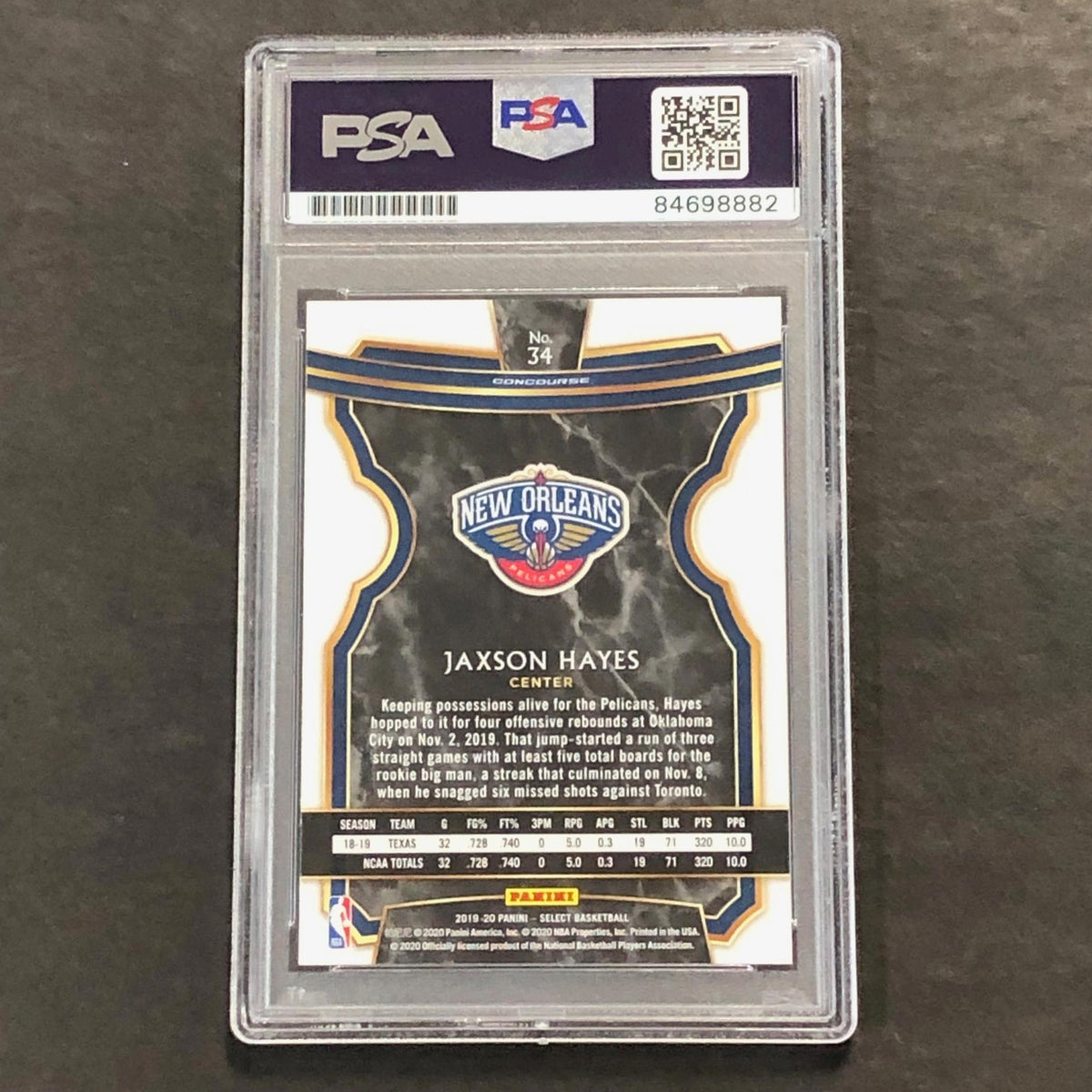 2019-20 Select Basketball Panini #34 Jaxson Hayes Signed Card PSA Slabbed RC Pel