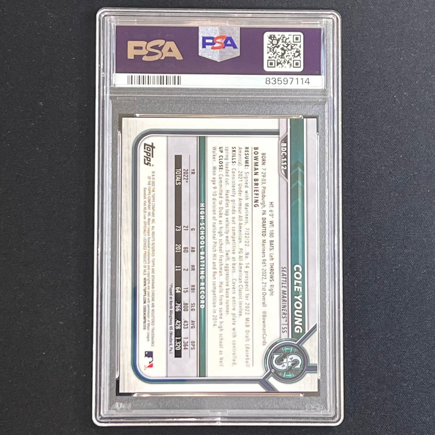 2022 Bowman Draft Chrome #BDC112 Cole Young Signed Card PSA 8 Auto 10 Slabbed Ma