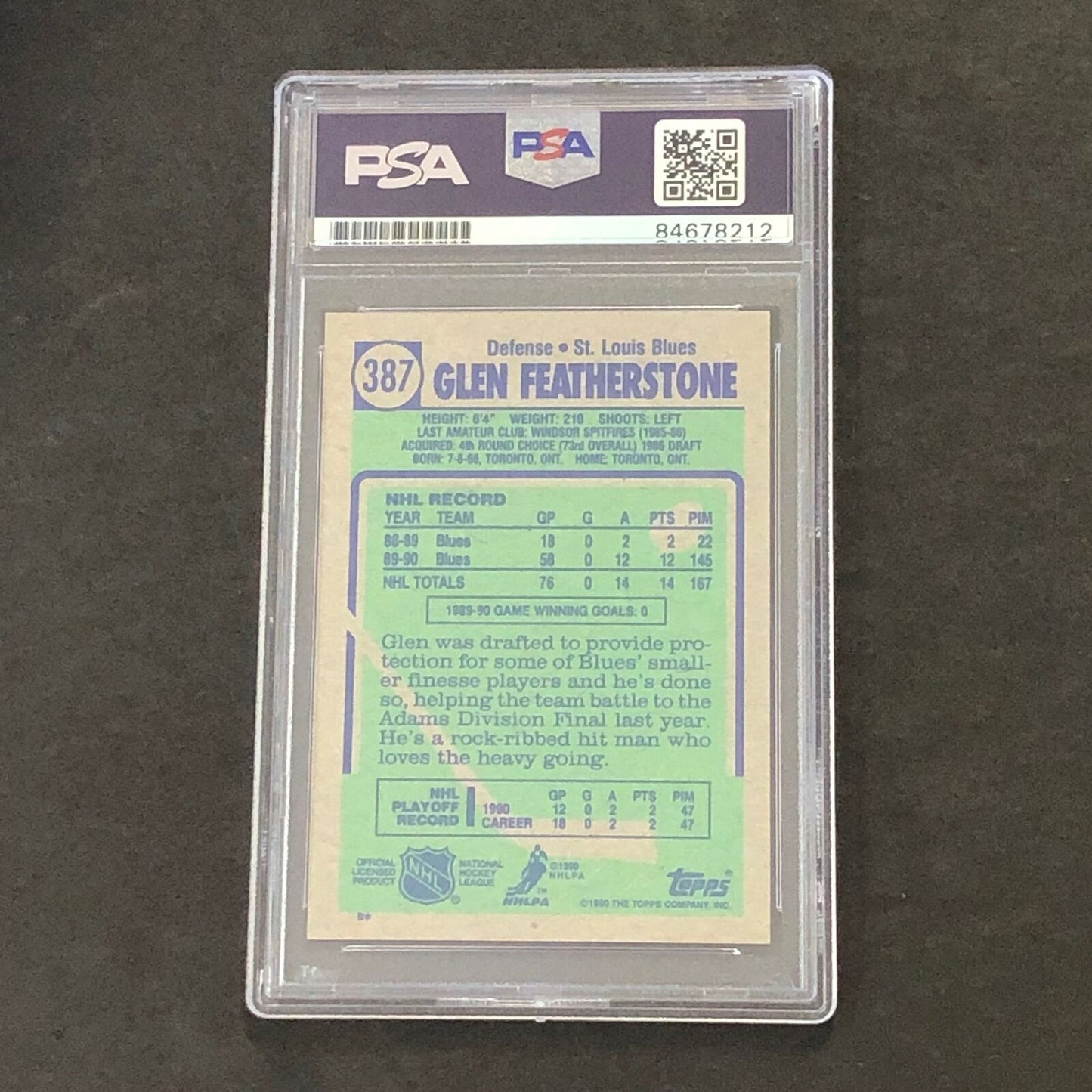 1990 Topps #387 Glen Featherstone Signed Card PSA slabbed Blues