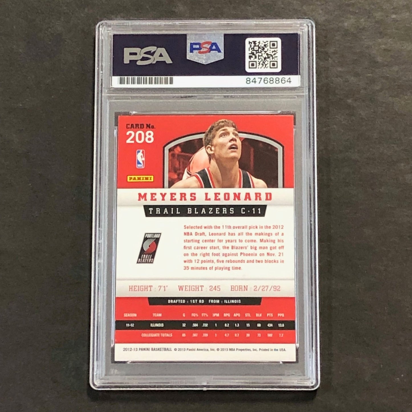 2012-13 Panini #208 Meyers Leonard Signed Card AUTO 10 PSA Slabbed Trail Blazers
