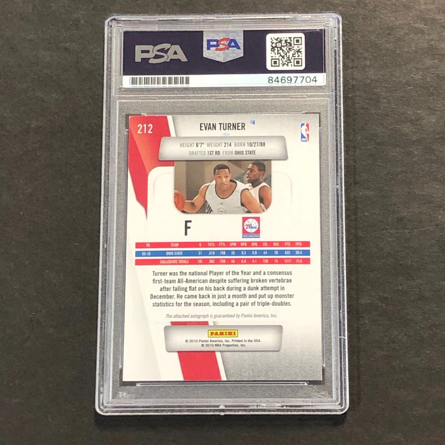2010 Panini Basketball #212 Evan Turner Signed Card AUTO PSA Slabbed 76ers