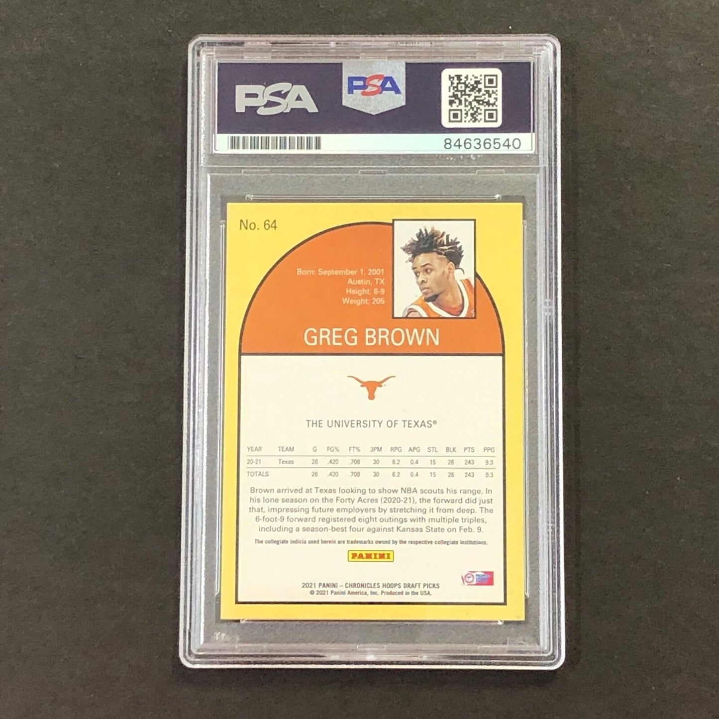 2021 Chronicles NBA Hoops #64 Greg Brown Signed AUTO PSA Slabbed Texas