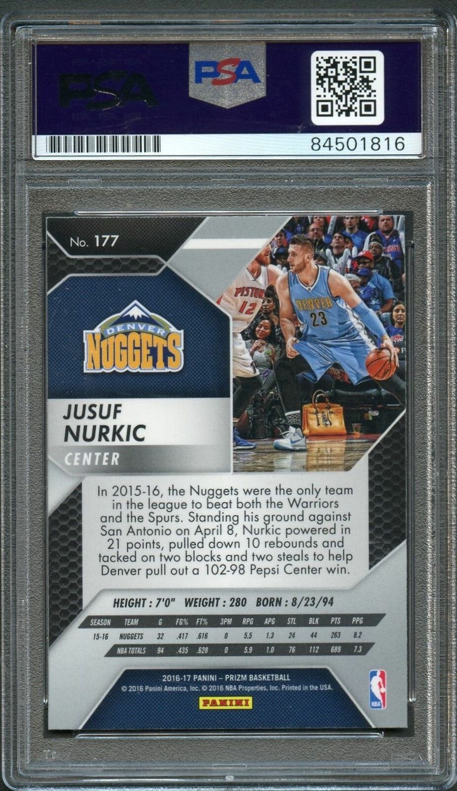 2016-17 Panini Prizm #177 JUSUF NURKIC Signed AUTO PSA Slabbed Nuggets