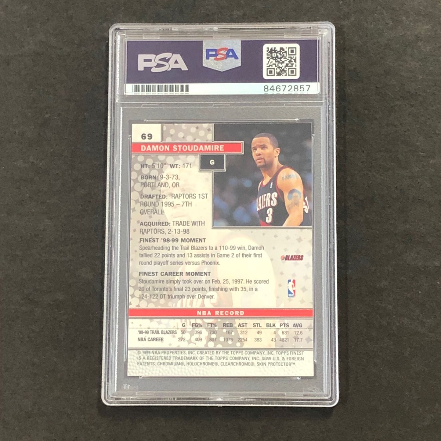 1999-00 Topps Finest Basketball #69 DAMON STOUDAMIRE Signed Card AUTO GRADE 10 P