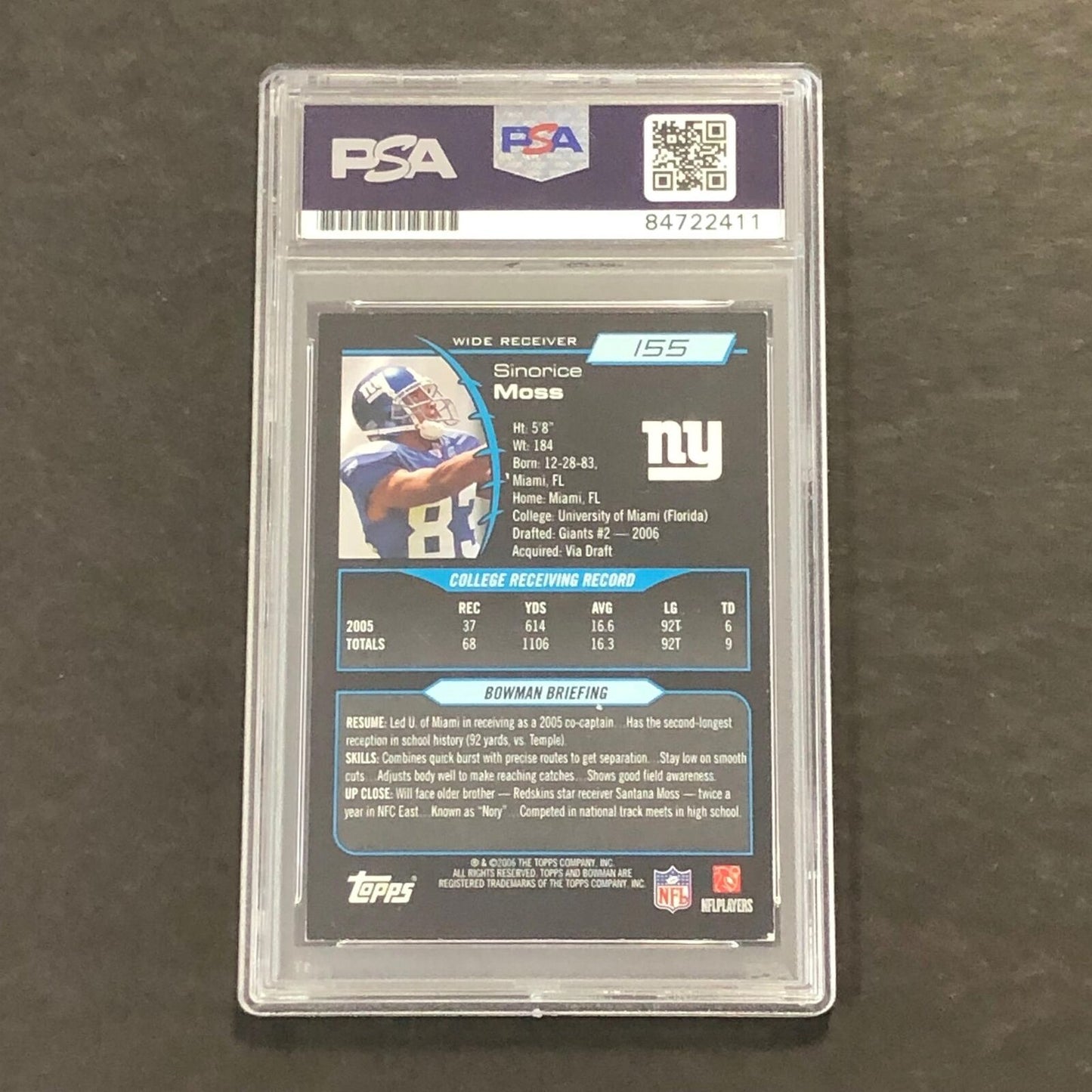 2006 Topps Bowman Football #155 Sinorice Moss Signed Card PSA Slabbed Auto Giant