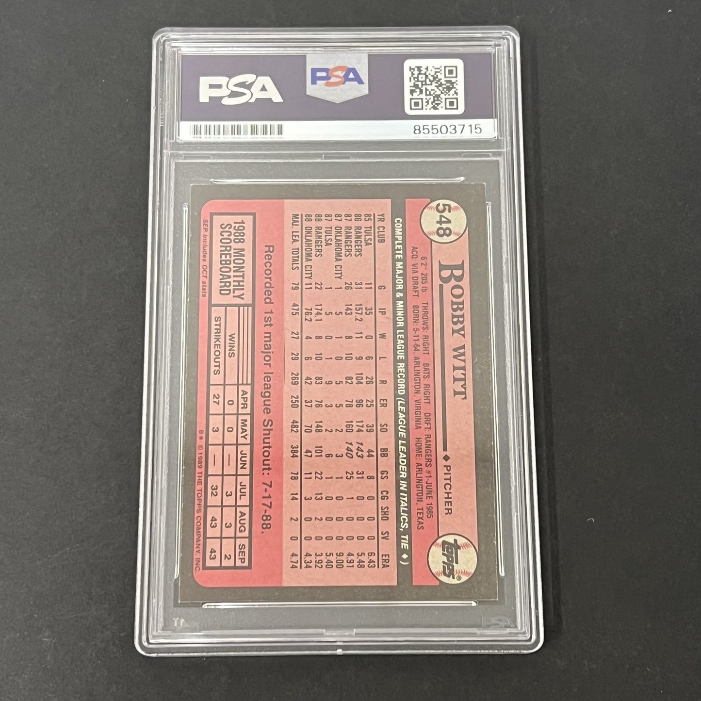 1989 Topps #548 Bobby Witt signed card PSA