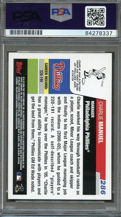 2006 Topps #286 Charlie Manuel Signed Card PSA Slabbed Auto Phillies