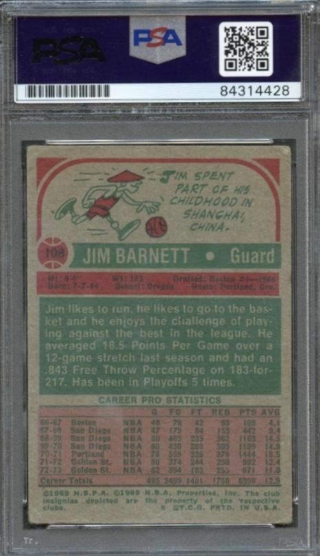 1973-74 TOPPS #108 Jim Barnett Signed Card AUTO PSA Slabbed