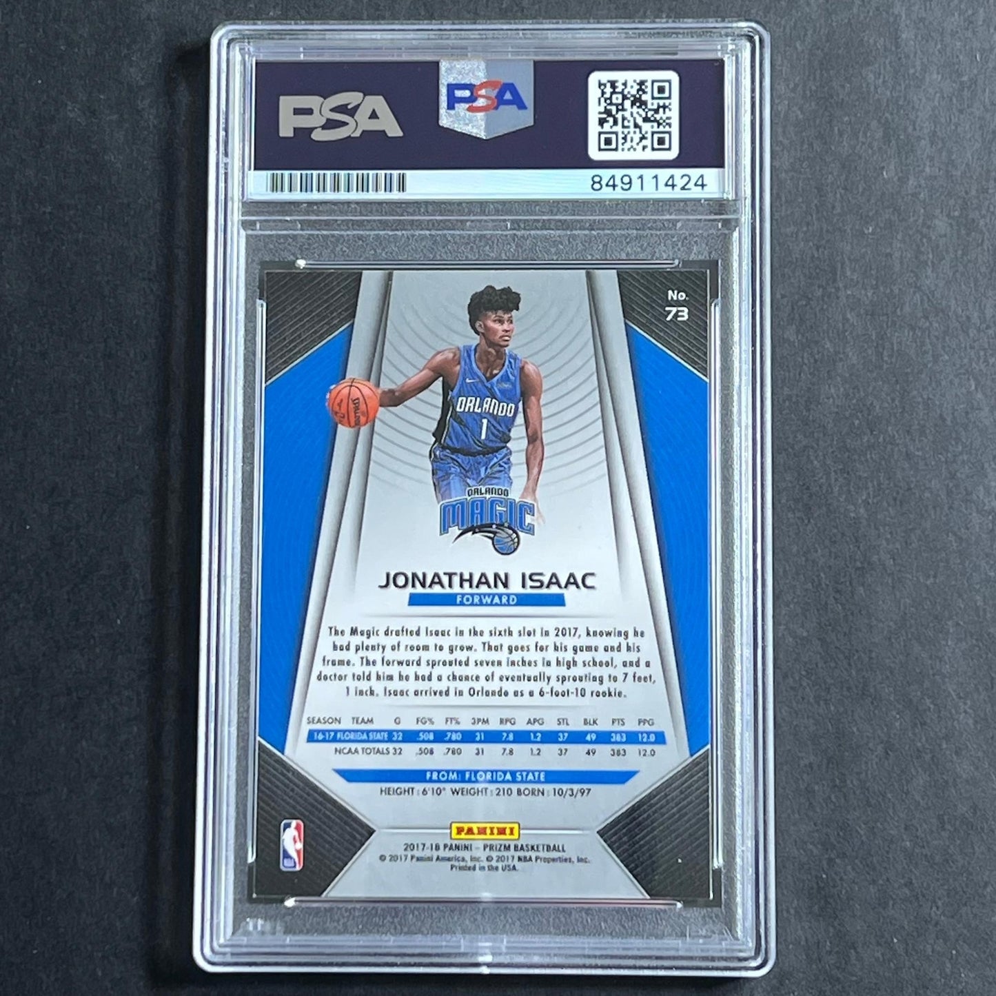 2017-18 Panini Prizm #73 Jonathon Isaac Signed Card AUTO GRADE 10 PSA Slabbed RC