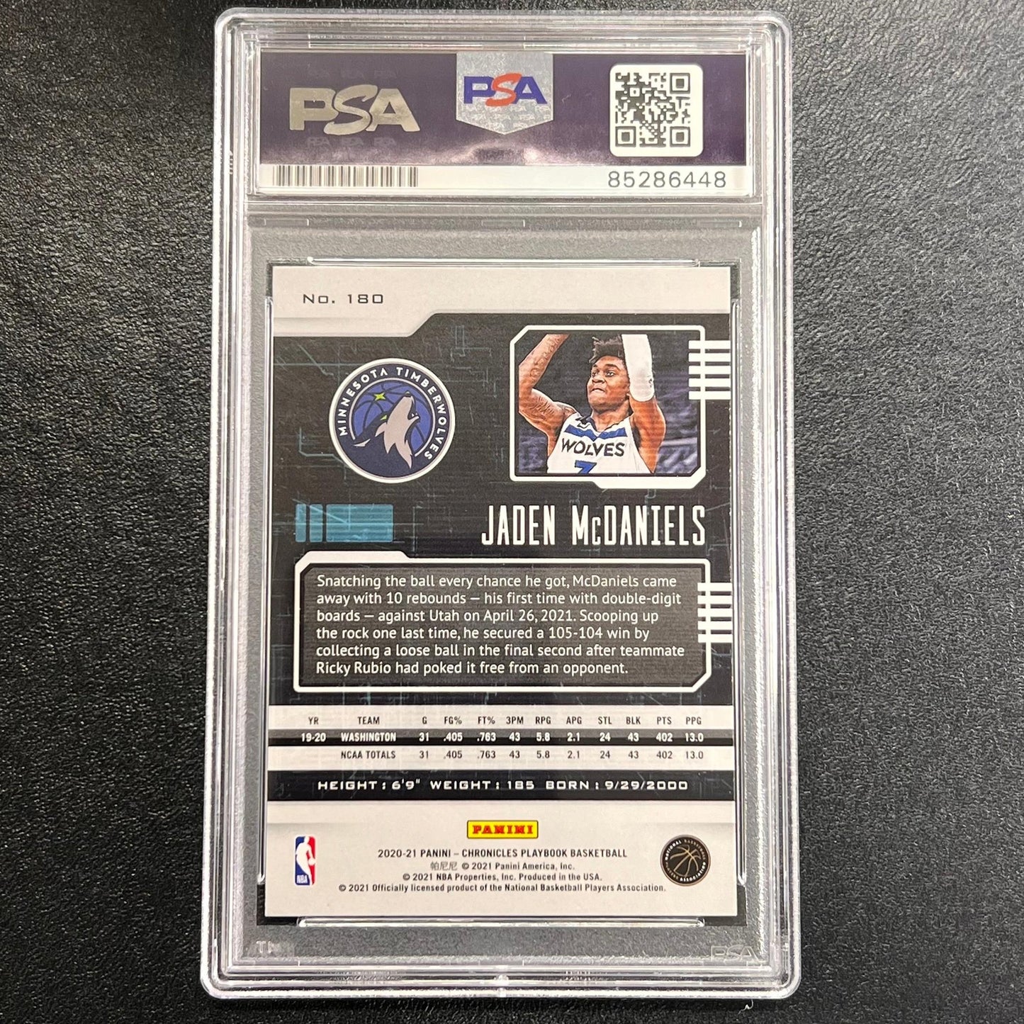 2020-21 Panini Chronicles Playbook #180 Jaden McDaniels Signed Card AUTO 10 PSA/