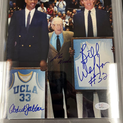 John Wooden, Bill Walton, Kareem Abdul-Jabbar signed 8x10 encapsulated PSA Auto