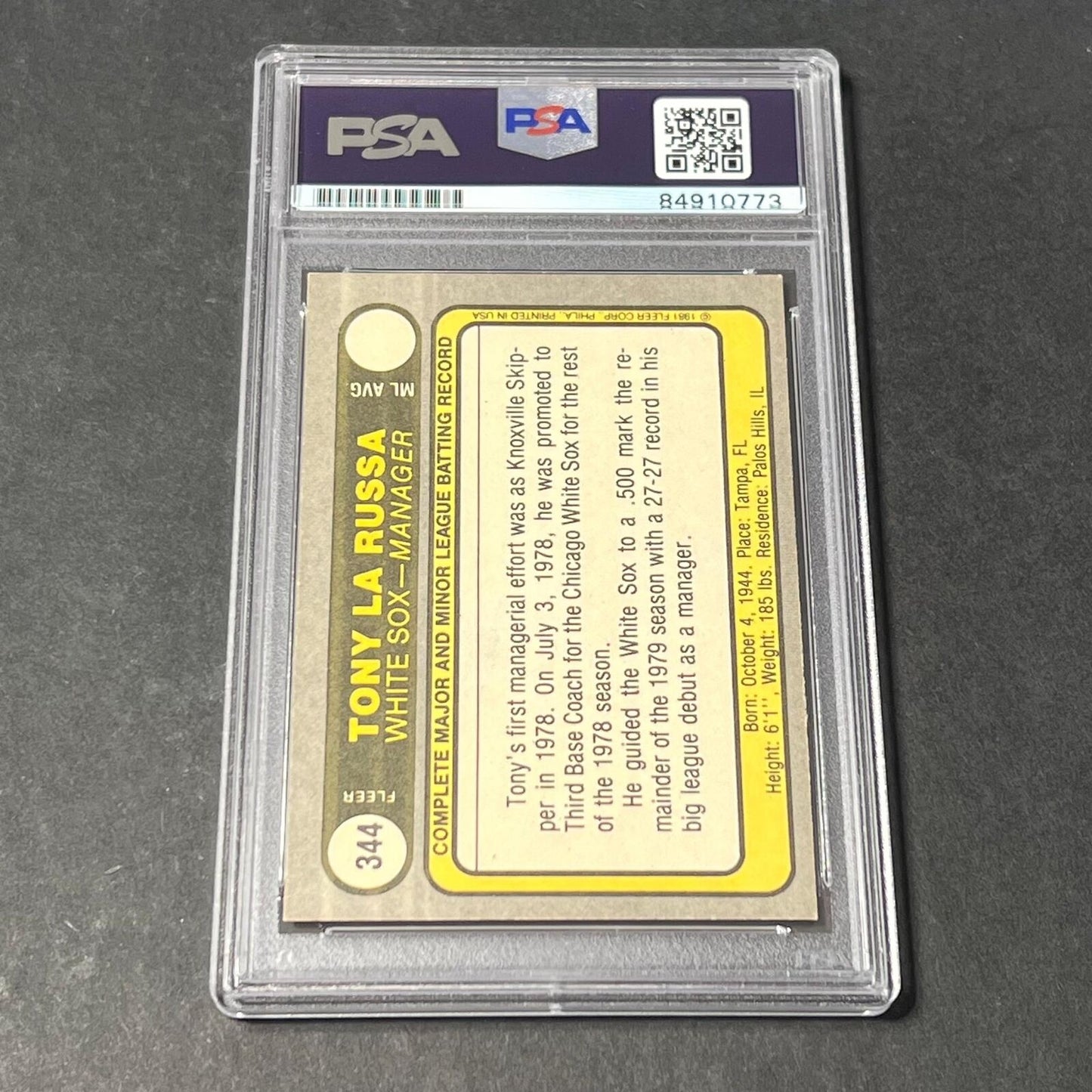 1981 Fleer #344 Tony La Russa Signed Card Auto 10 PSA Slabbed White Sox