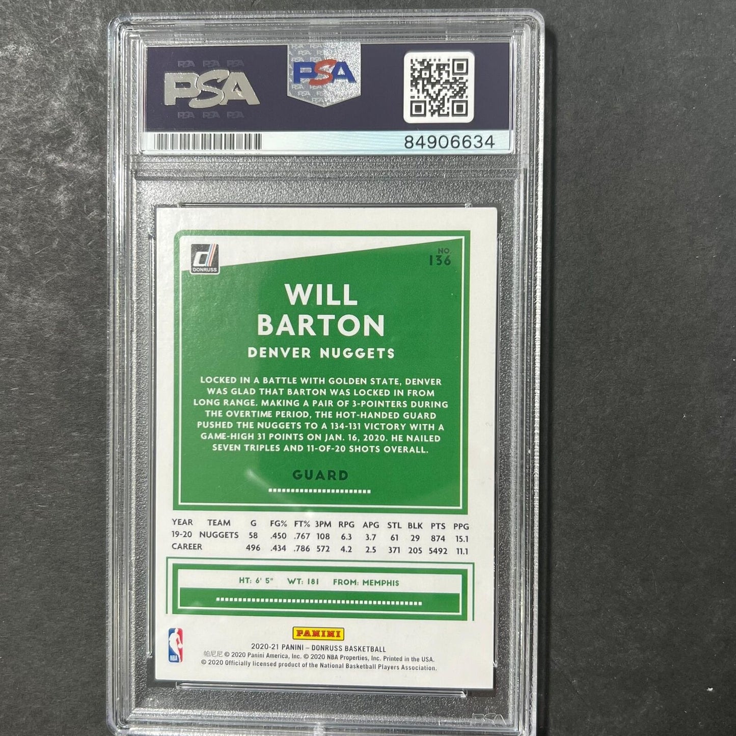 2020-21 Panini Donruss #88 Will Barton Signed Card AUTO PSA Slabbed Nuggets