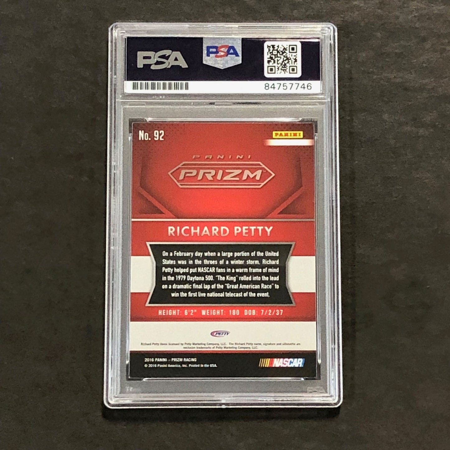 2016 Panini Prizm NASCAR Hall of Fame #92 Richard Petty Signed Card AUTO PSA Sla
