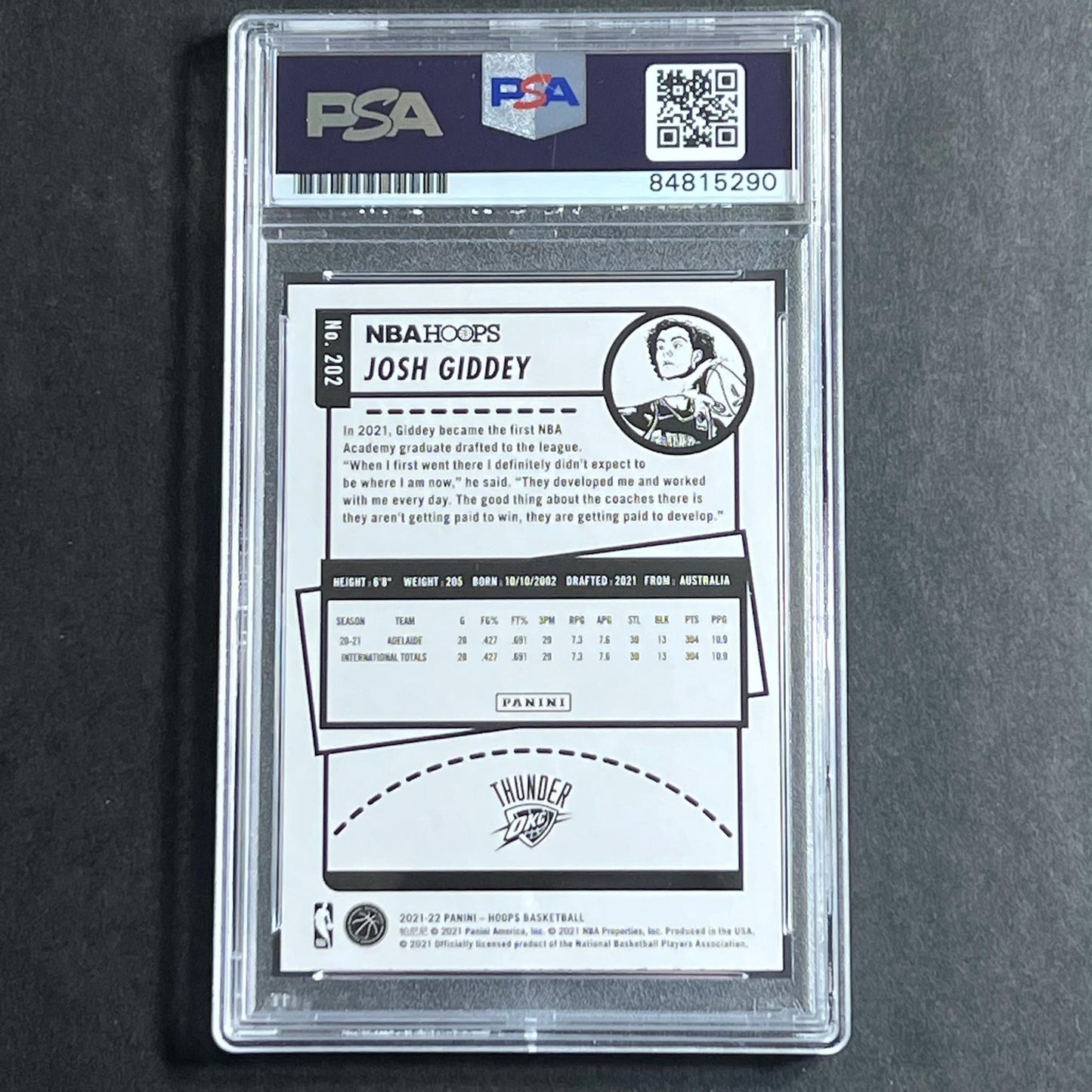 2021-22 NBA Hoops #202 Josh Giddey Signed Card PSA Slabbed RC Thunder