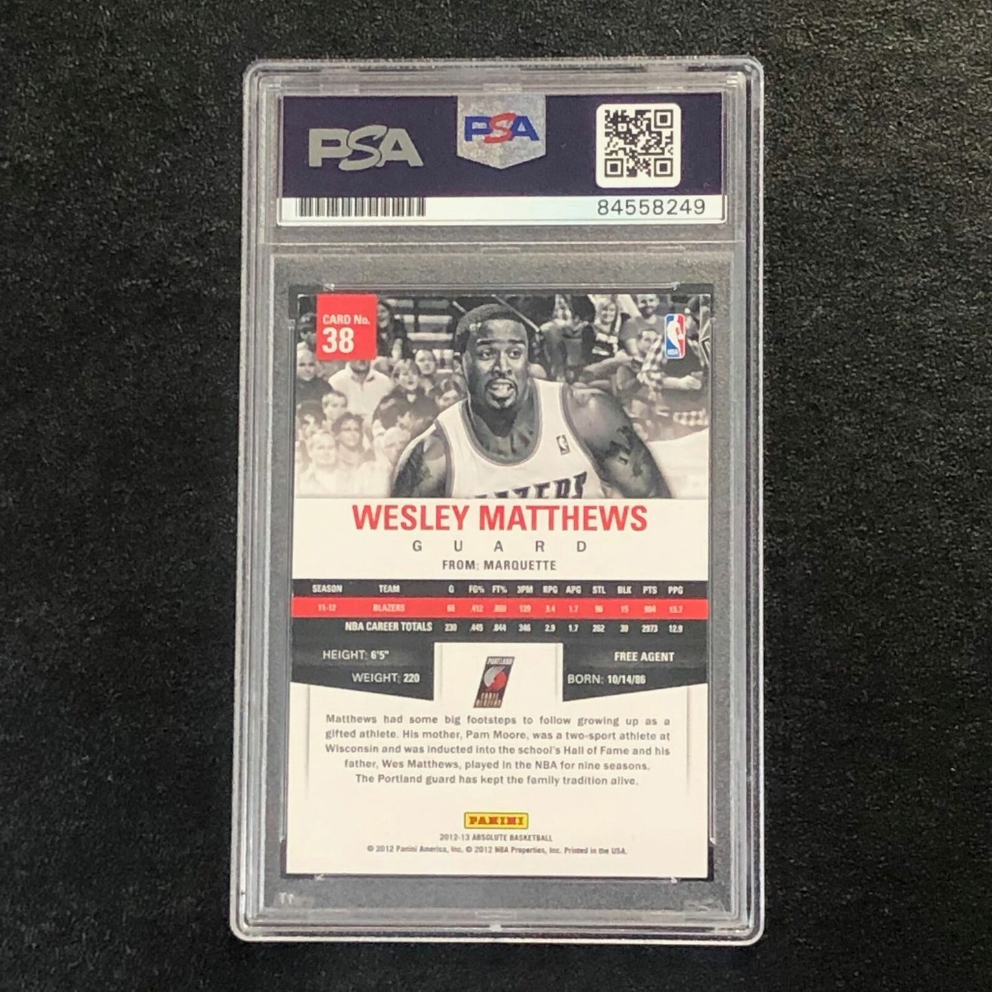 2012-13 Absolute Basketball #38 Wesley Matthews Signed Card AUTO PSA Slabbed Tra