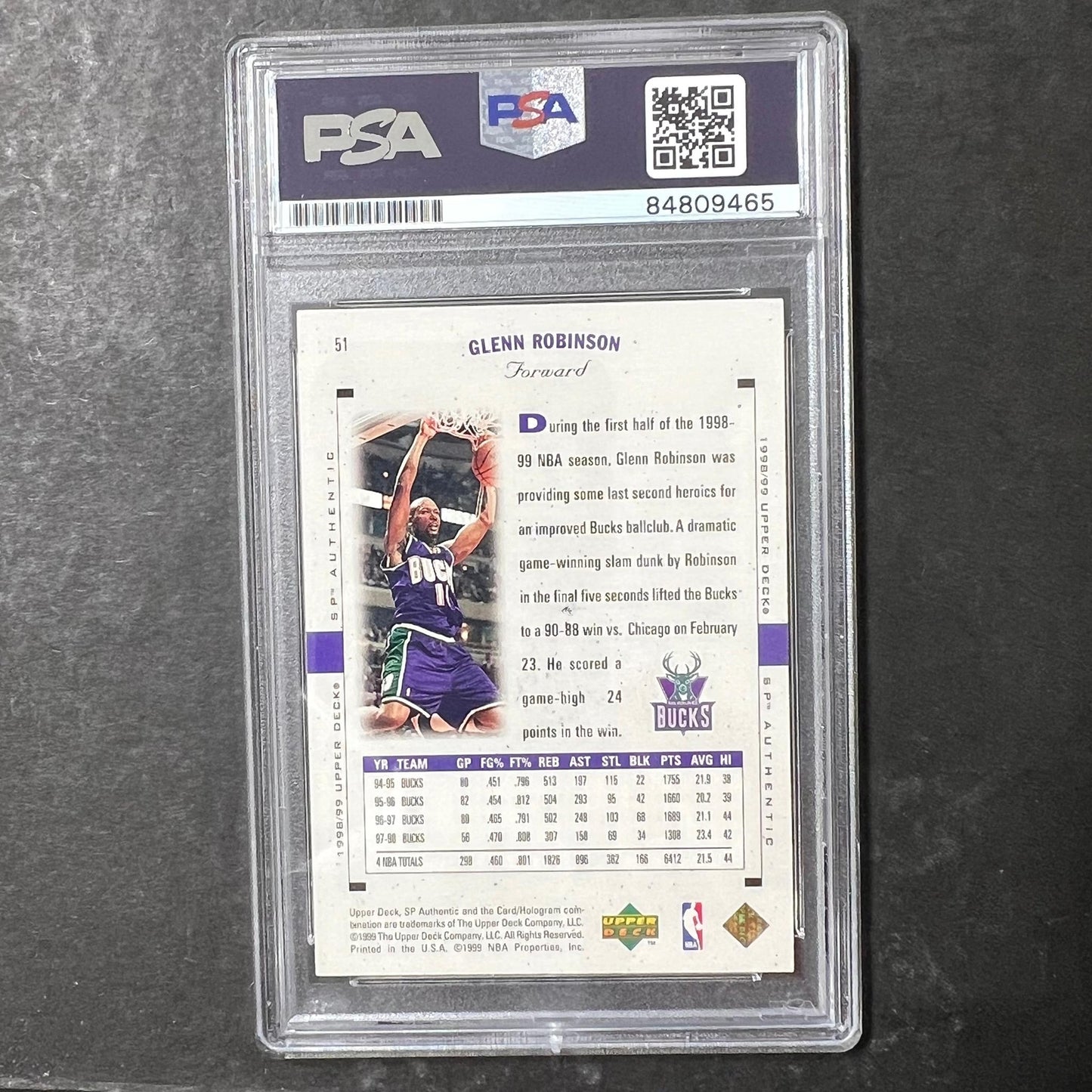 1997-98 Upperdeck SP Authentic #51 Glenn Robinson Signed Card AUTO PSA/DNA Slabb