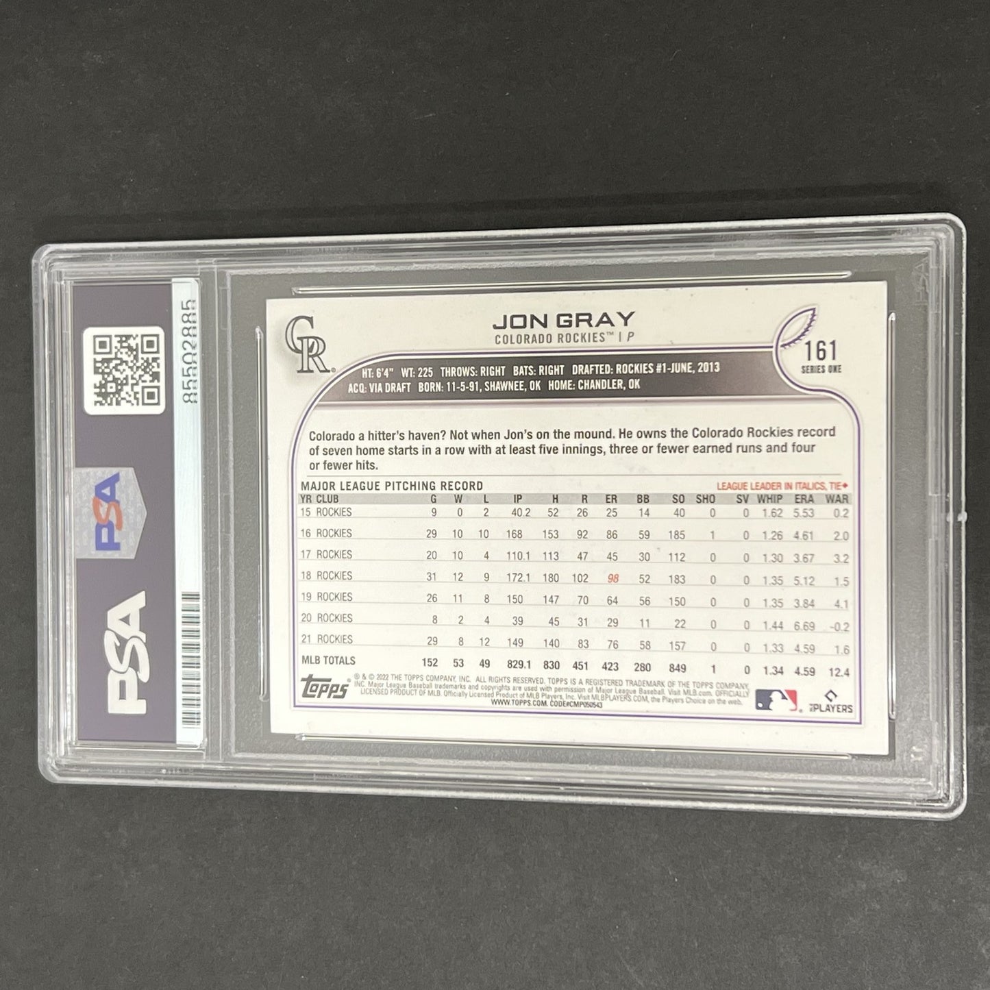 2022 Topps Series 1 #161 Jon Gray signed card PSA AUTO 10 Rockies
