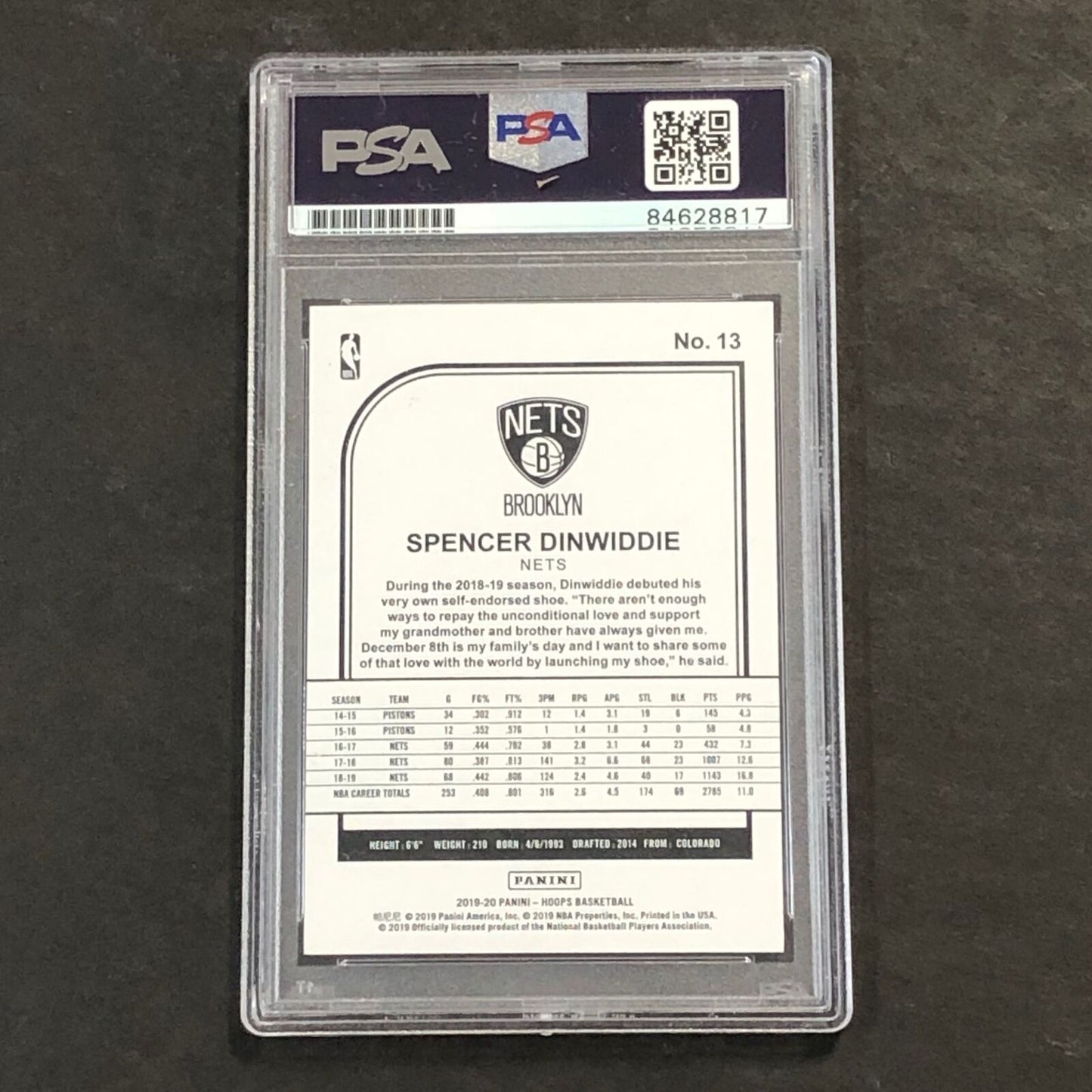 2019-20 NBA Hoops #13 Spencer Dinwiddie Signed Card AUTO 10 PSA Slabbed Nets