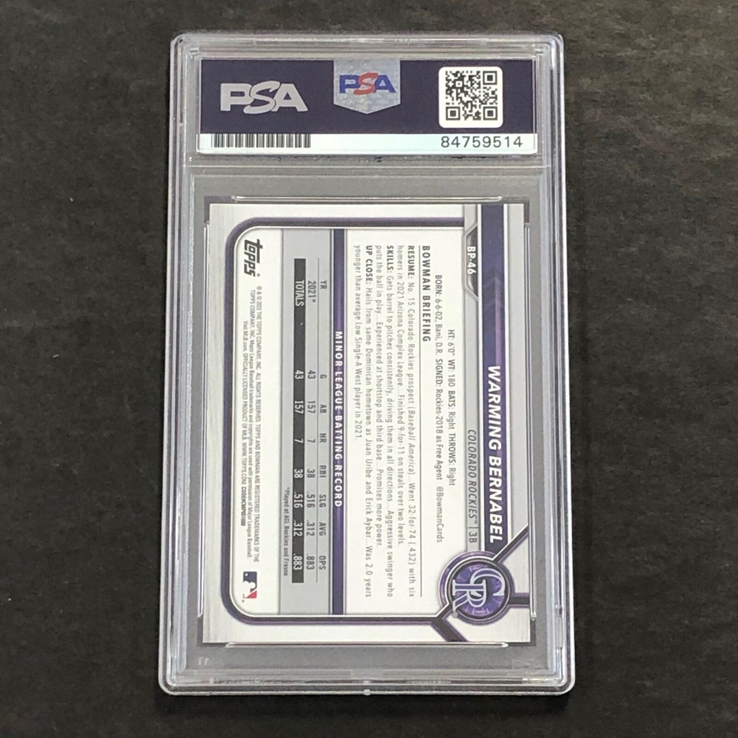 2021 Bowman Chrome #BP-46 Warming Bernabel Signed Card PSA Slabbed Auto Rockies