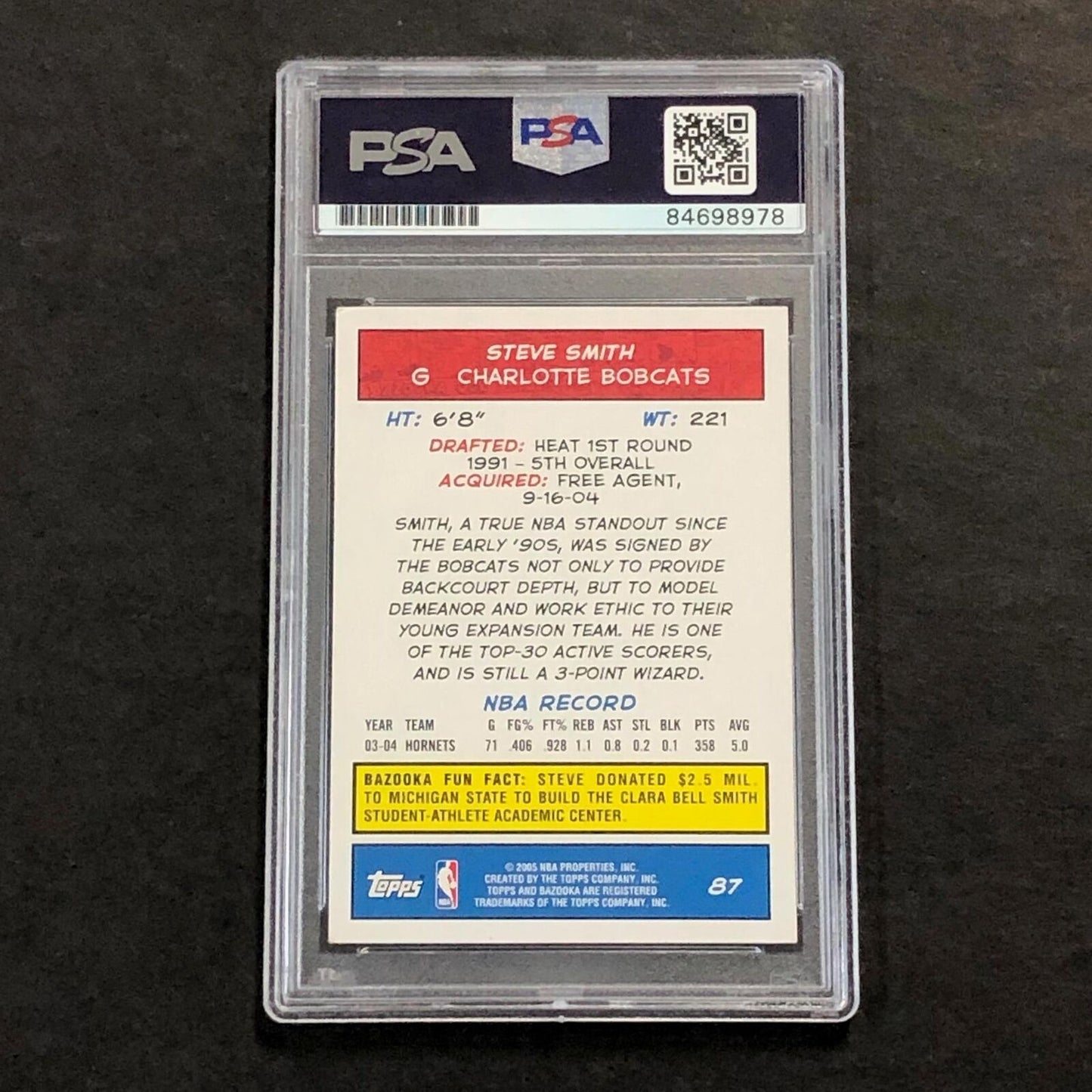 2005 Topps Bazooka #87 Steve Smith Signed Card AUTO PSA Slabbed Bobcats