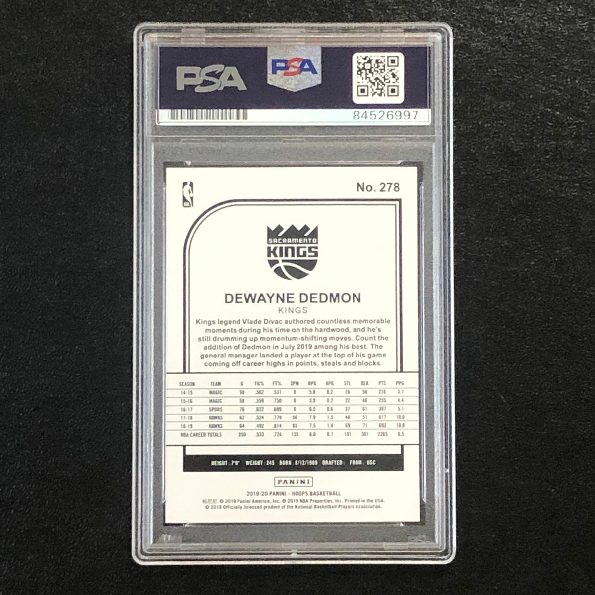 2019-20 NBA Hoops #278 Dewayne Dedmon Signed Card AUTO PSA Slabbed Kings