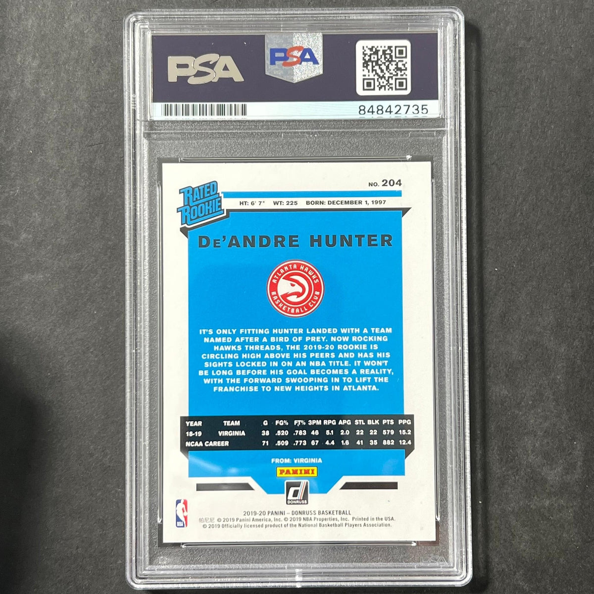 2019-20 Panini Donruss #204 De'Andre Hunter Signed Card AUTO PSA/DNA Slabbed Haw